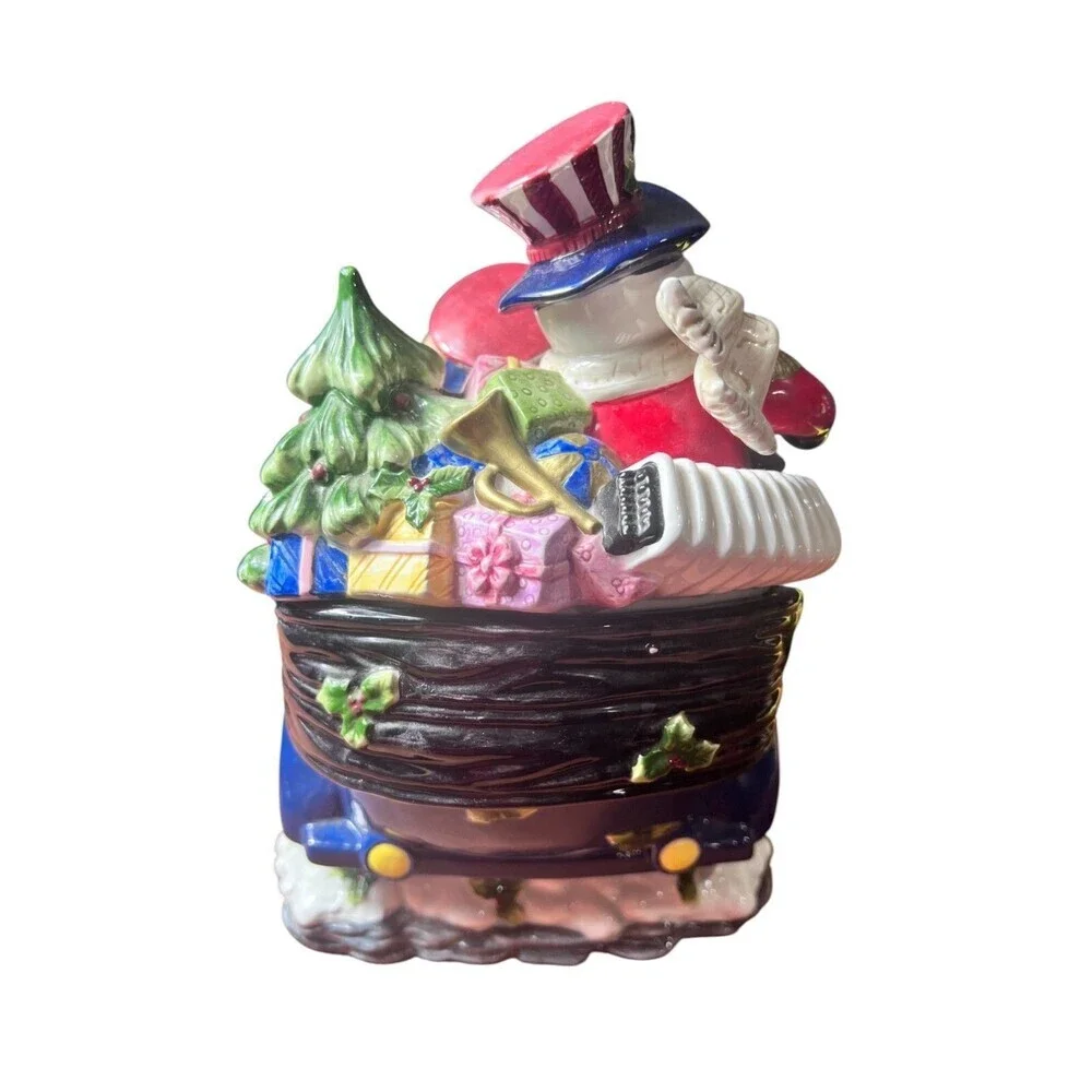 Snowman Christmas Holiday Cookie Jar in a Cart with Presents – Ceramic Seasonal